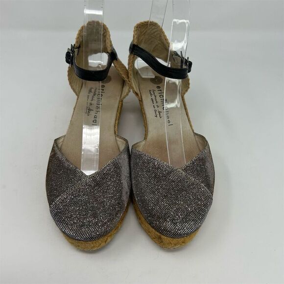 Eric Michael Silver Espadrille Ankle Strap Wedge Sandals Size 37 Summer Casual - Picture 4 of 13